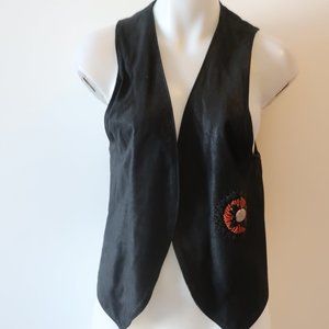 WOMENS ZOOMP BLACK RED BEADED INDIAN BRAIDED DETAIL OPEN SUEDE VEST M *